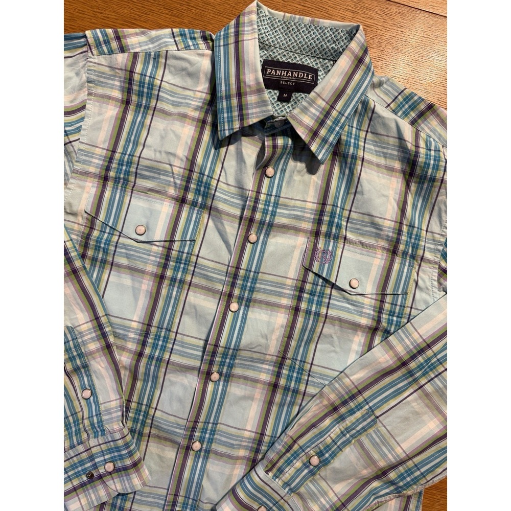 Panhandle Select Western Pearl Snap Shirt Men's M Green Geometric Flip Cuff‎
